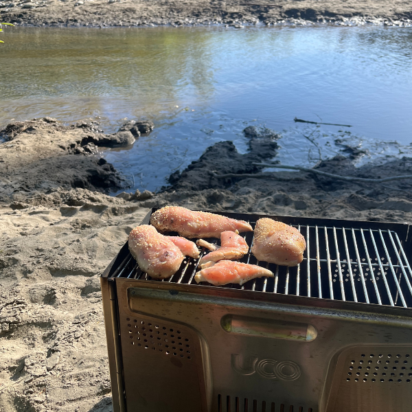Beach cookout using the UCO Flatpack Smokeless Firepit & Grill
