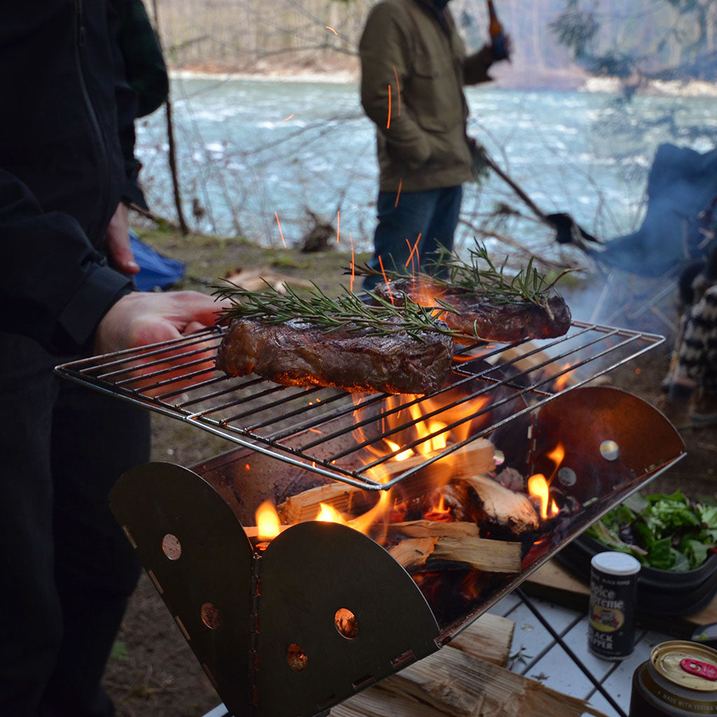 Foldable fire grilling system with compact stainless steel frame